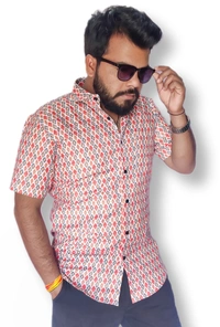 Sanganeri Print Heavy Makhmal Half Sleeves Full Printed Shirts For Men's - L, Multicolor