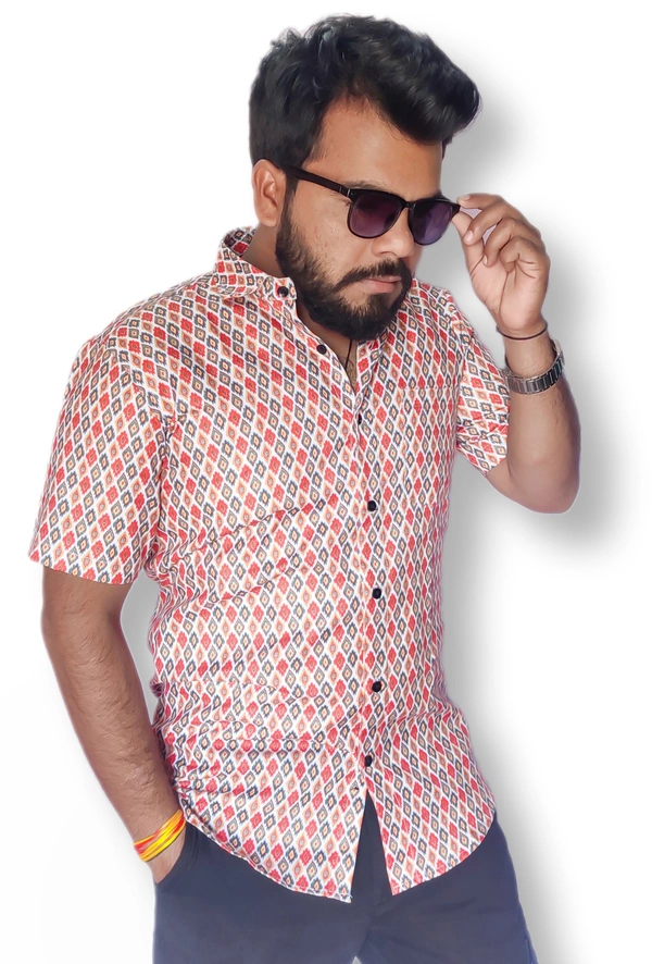 Sanganeri Print Heavy Makhmal Half Sleeves Full Printed Shirts For Men's - L, Multicolor
