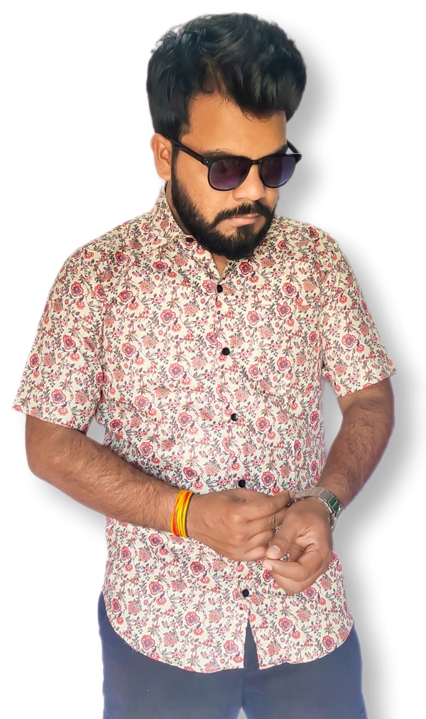 Sanganeri Print Half Sleeve Full Printed Shirt For Mens  - S, Multicolor