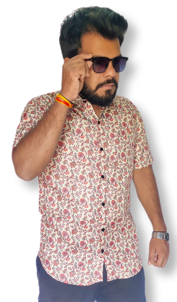 Sanganeri Print Half Sleeve Full Printed Shirt For Mens  - S, Multicolor