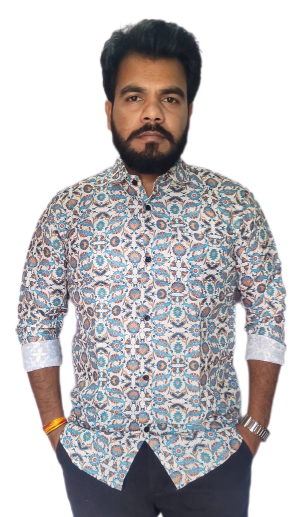 Sanganeri Floral Print Heavy Makhmal Full Sleeves All Over Printed Shirt For Men's - XL