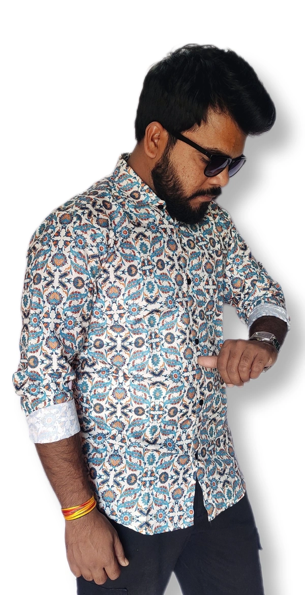 Sanganeri Floral Print Heavy Makhmal Full Sleeves All Over Printed Shirt For Men's - XL