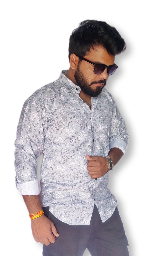 Sanganeri Floral Print Full Sleeves Heavy Makhmal All Over Print Shirt for Men's - L
