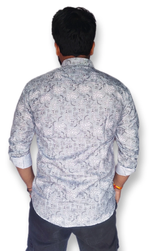 Sanganeri Floral Print Full Sleeves Heavy Makhmal All Over Print Shirt for Men's - L