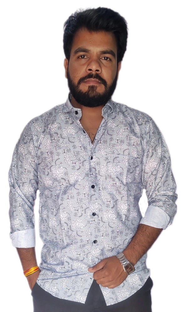 Sanganeri Floral Print Full Sleeves Heavy Makhmal All Over Print Shirt for Men's - L