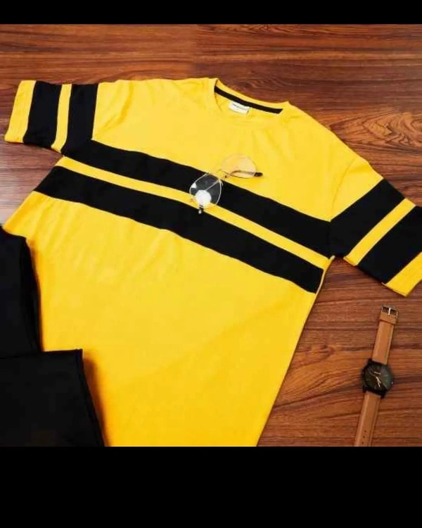IND  AVA Fashion Striped Men Round Neck Yellow T-Shirt - Yellow, S M L XL XXL