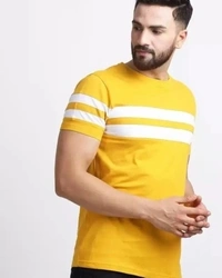 IND  AVA Fashion Striped Men Round Neck Yellow T-Shirt - Yellow, S M L XL XXL