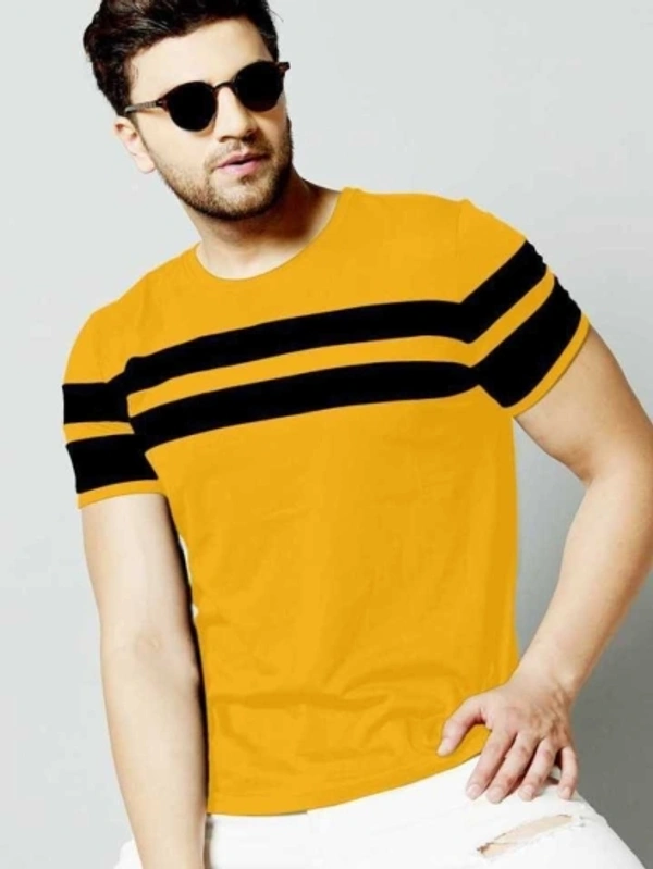 IND  AVA Fashion Striped Men Round Neck Yellow T-Shirt - Yellow, S M L XL XXL