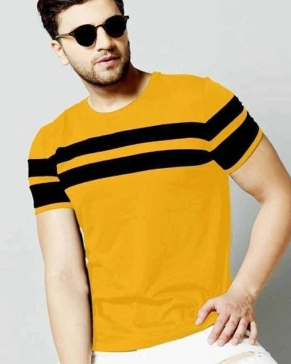 IND  AVA Fashion Striped Men Round Neck Yellow T-Shirt - Yellow, S M L XL XXL