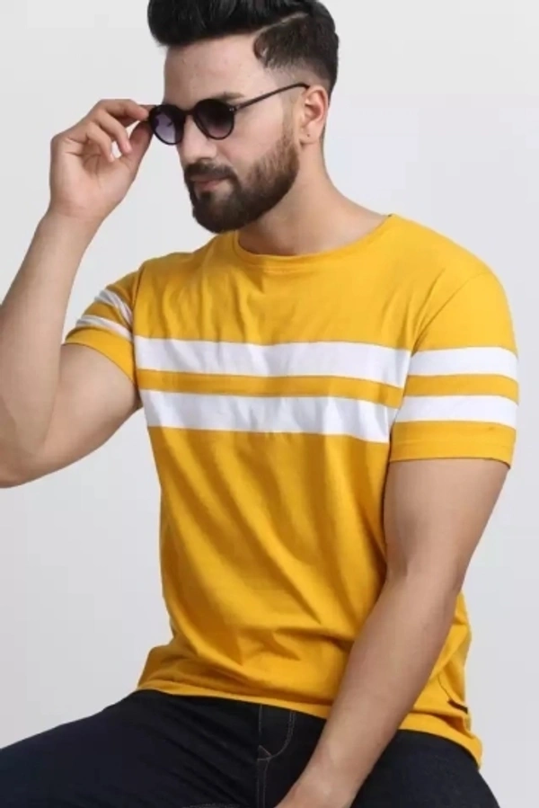 IND  AVA Fashion Striped Men Round Neck Yellow T-Shirt - Yellow, S M L XL XXL