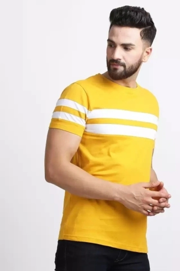IND  AVA Fashion Striped Men Round Neck Yellow T-Shirt - Yellow, S M L XL XXL