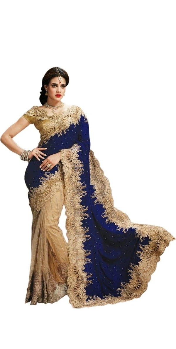 Aksh Fashion Embroidered Bollywood Velvet Et Saree  - Dark Blue