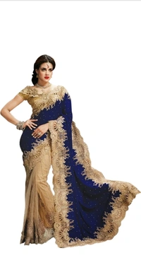 Aksh Fashion Embroidered Bollywood Velvet Et Saree  - Dark Blue
