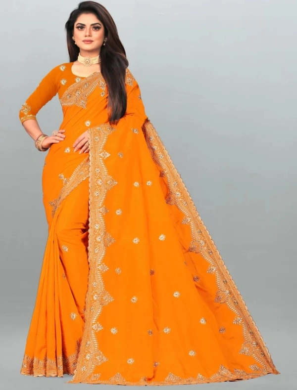 Embroidered Bollywood Art Sikl Saree Gold  - Gold Orange