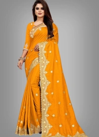 Embroidered Bollywood Art Sikl Saree Gold  - Gold Orange