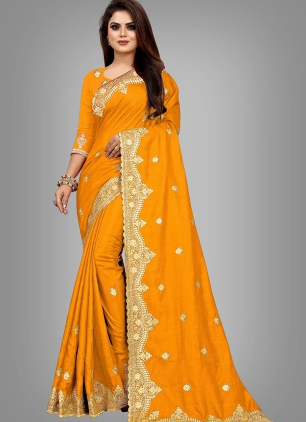 Embroidered Bollywood Art Sikl Saree Gold  - Gold Orange