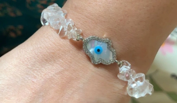 11:11 Clear Quartz EVIL EYE Hamsa Hand Bracelet - clear, Freesize, 45 Grams