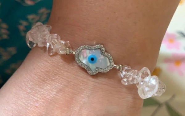 11:11 Clear Quartz EVIL EYE Hamsa Hand Bracelet - clear, Freesize, 45 Grams