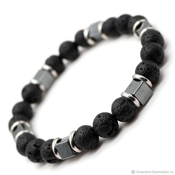 men's Black Lava bracelet with Silver Hem. Beads - 11