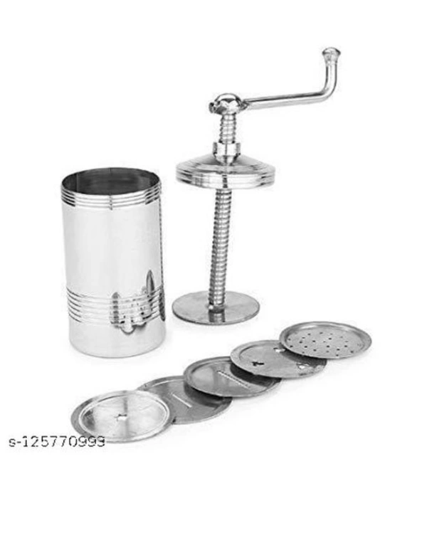 Frekich Stainless Steel Sev Chakli/Murukku/Sancha Maker Machine with 6 Different Jalis, Medium, SilverName: Frekich Stainless Steel Sev Chakli/Murukku/Sancha Maker Machine with 6 Different Jalis, Medium, SilverMaterial: Stainless SteelProduct Breadth: 6.5 CmProduct Height: 10.5 CmProduct Length: 7 CmNet Quantity (N): Pack Of 1Country of Origin: India