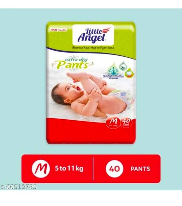 Little Angel Baby Diaper Pants, Medium - 40 PcsName: Little Angel Baby Diaper Pants, Medium - 40 PcsProduct Name: Little Angel Baby Diaper Pants, Medium - 40 PcsSize: MNet Quantity (N): 1Little angel extra dry pants are made specially for the Indian baby. With first in category features like wetness indicator. Extra thin core designed to give superior absorbency and keep your littl - Medium