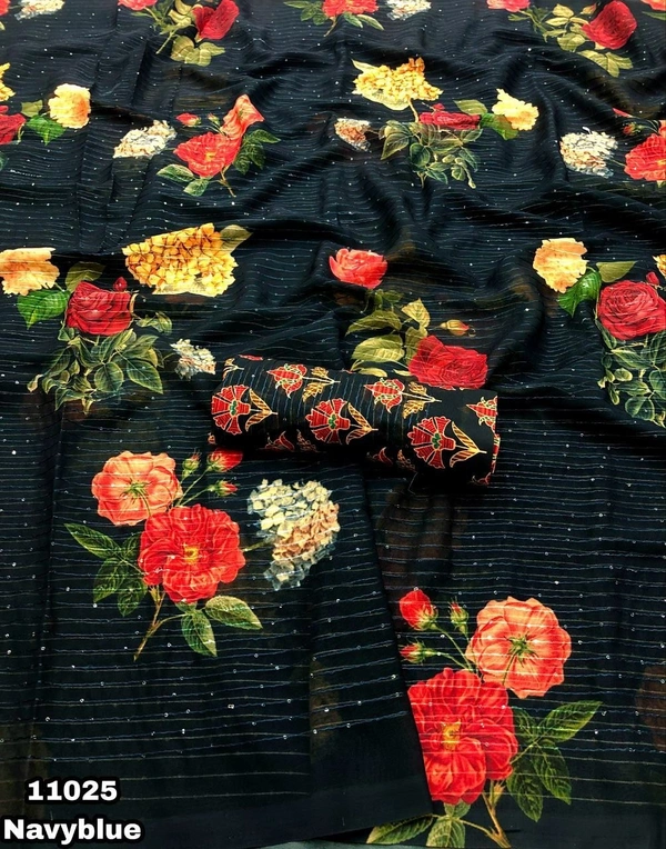 New arrivals Price - 1200/- Free shipping Design no - 11025Catalog - KalkiFabric details - Chiffon floral digital print with sequence work Blouse - Printed blouse Cut - 6.30Available in 2 coloursWeight - 590 GramsPremium quality 😍Book your orders 📦✅ AF BRAND PRODUCT ✅🔚 We Take Gurantee Of Quality 🔚