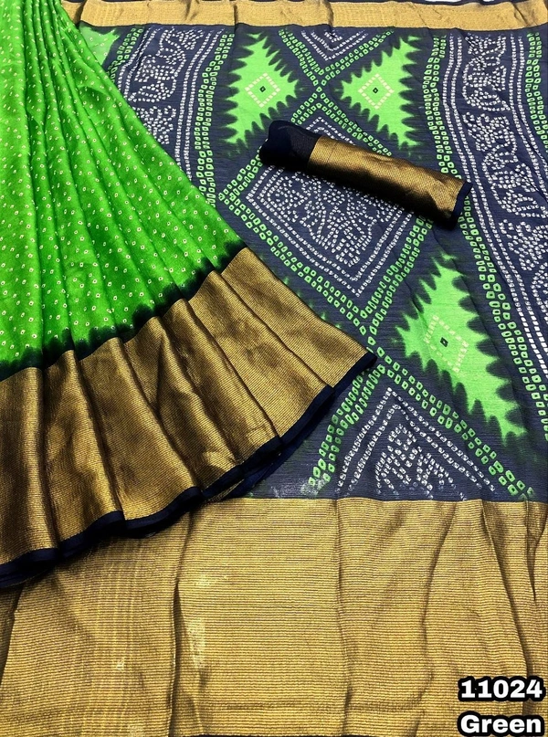 New arrivals Price - 800 Free shipping Design no - 11024 Catalog - Uttara Fabric details - Chiffon bandani print with zari lining border comes with bandani printed palluBlouse - Contrast printed blouseCut Weight - 490 GramPremium quality 😍Book your orders 🔚 We Take Gurantee Of Quality 🔚 - Green