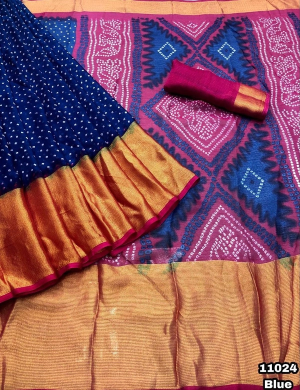 New arrivals Price - 800 Free shipping Design no - 11024 Catalog - Uttara Fabric details - Chiffon bandani print with zari lining border comes with bandani printed palluBlouse - Contrast printed blouseCut Weight - 490 GramPremium quality 😍Book your orders 🔚 We Take Gurantee Of Quality 🔚 - Green
