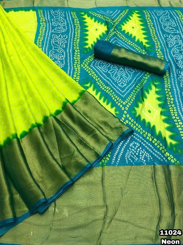 New arrivals Price - 800 Free shipping Design no - 11024 Catalog - Uttara Fabric details - Chiffon bandani print with zari lining border comes with bandani printed palluBlouse - Contrast printed blouseCut Weight - 490 GramPremium quality 😍Book your orders 🔚 We Take Gurantee Of Quality 🔚 - Green
