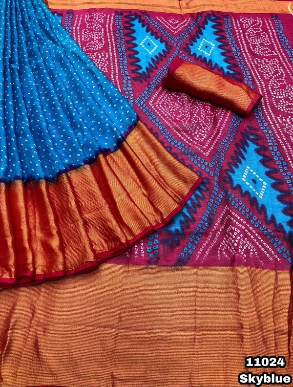 New arrivals Price - 800 Free shipping Design no - 11024 Catalog - Uttara Fabric details - Chiffon bandani print with zari lining border comes with bandani printed palluBlouse - Contrast printed blouseCut Weight - 490 GramPremium quality 😍Book your orders 🔚 We Take Gurantee Of Quality 🔚 - Green