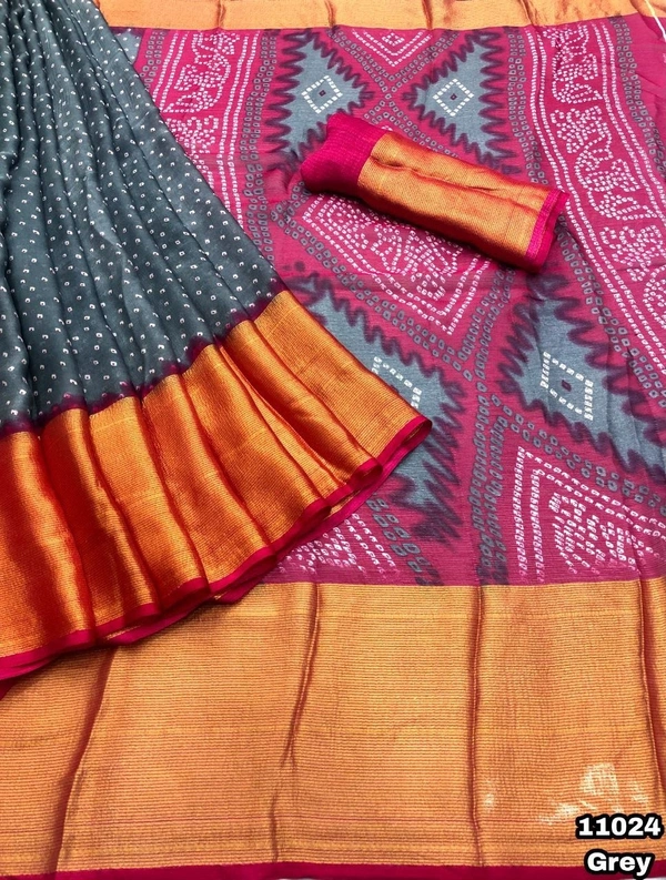 New arrivals Price - 800 Free shipping Design no - 11024 Catalog - Uttara Fabric details - Chiffon bandani print with zari lining border comes with bandani printed palluBlouse - Contrast printed blouseCut Weight - 490 GramPremium quality 😍Book your orders 🔚 We Take Gurantee Of Quality 🔚 - Green