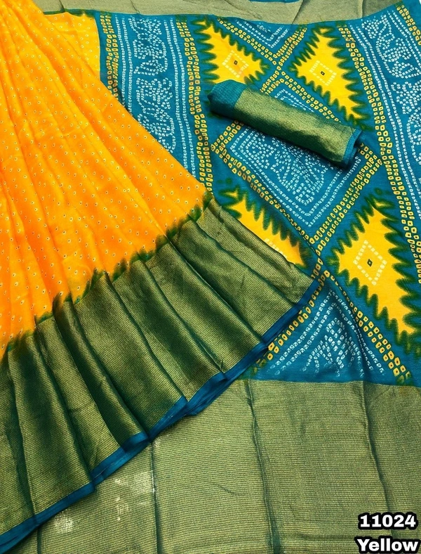 New arrivals Price - 800 Free shipping Design no - 11024 Catalog - Uttara Fabric details - Chiffon bandani print with zari lining border comes with bandani printed palluBlouse - Contrast printed blouseCut Weight - 490 GramPremium quality 😍Book your orders 🔚 We Take Gurantee Of Quality 🔚 - Green