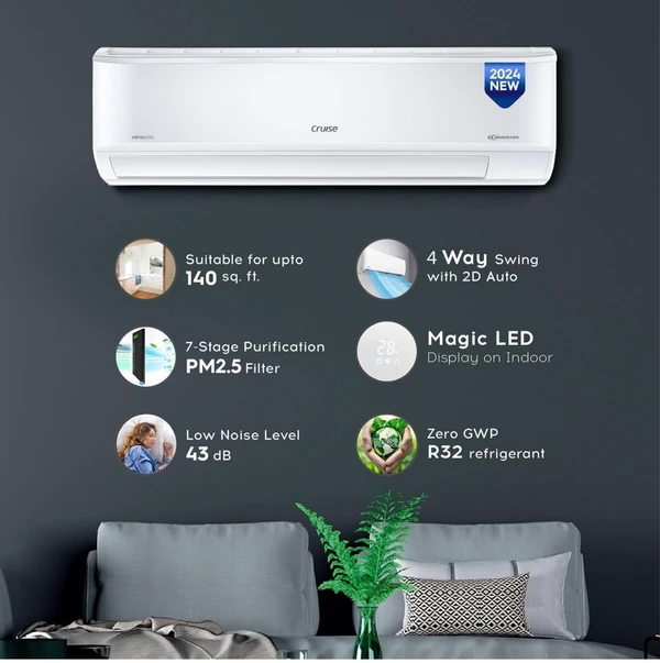 Cruise 1.5 Ton 3 Star Inverter Split AC with 7-Stage Air Filtration (100% Copper, Convertible 4-in-1, PM 2.5 Filter, 2024 Model, CWCVBK-VQ1W173, White) - White, 1.5 Tonnes