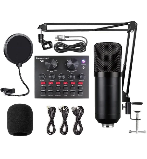 Cezo BM 800 Condenser Microphone Kit Set with V8 Sound Card, Boom Arm Stand, Pop Shield Recording Studio Equipment Full Set with 3.5mm Mic for Smartphones Live Streaming Youtubers - Black