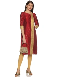 Cotton Silky Slub Jacquard & Rhinestone Work Maroon Kurti - Maroon, S