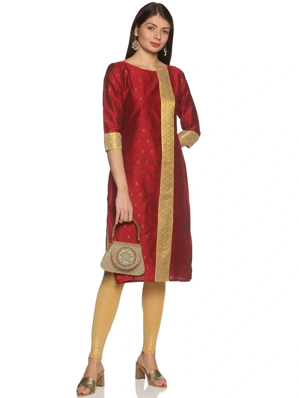 Cotton Silky Slub Jacquard & Rhinestone Work Maroon Kurti - Maroon, S