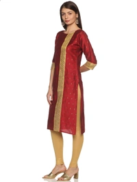 Cotton Silky Slub Jacquard & Rhinestone Work Maroon Kurti - Maroon, S