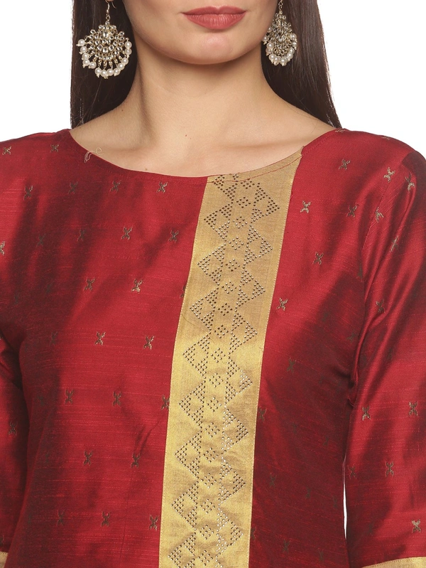 Cotton Silky Slub Jacquard & Rhinestone Work Maroon Kurti - Maroon, S