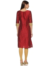 Cotton Silky Slub Jacquard & Rhinestone Work Maroon Kurti - Maroon, S