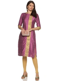 Cotton Silky Slub Jacquard & Rhinestone Work Pink Kurti - Fuchsia Pink, S