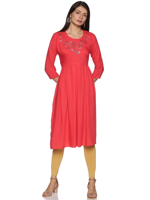 Rayon Neck Flower Design Rhinestone Work Pink Colour Umbrella Cut Kurti - Wild Watermelon, M