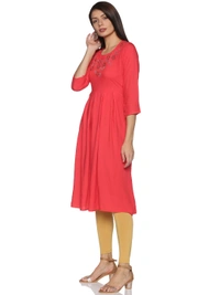 Rayon Neck Flower Design Rhinestone Work Pink Colour Umbrella Cut Kurti - Wild Watermelon, M