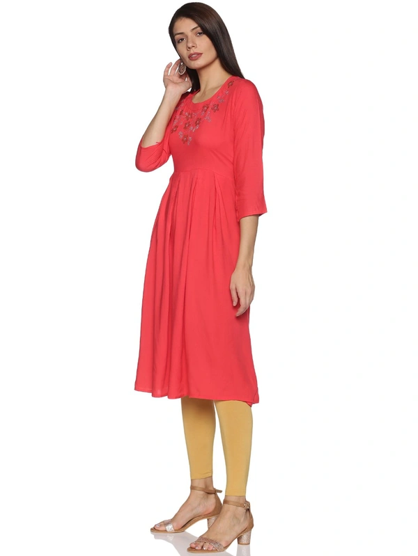 Rayon Neck Flower Design Rhinestone Work Pink Colour Umbrella Cut Kurti - Wild Watermelon, M