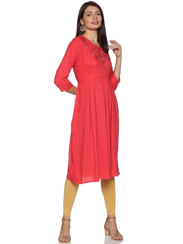 Rayon Neck Flower Design Rhinestone Work Pink Colour Umbrella Cut Kurti - Wild Watermelon, L