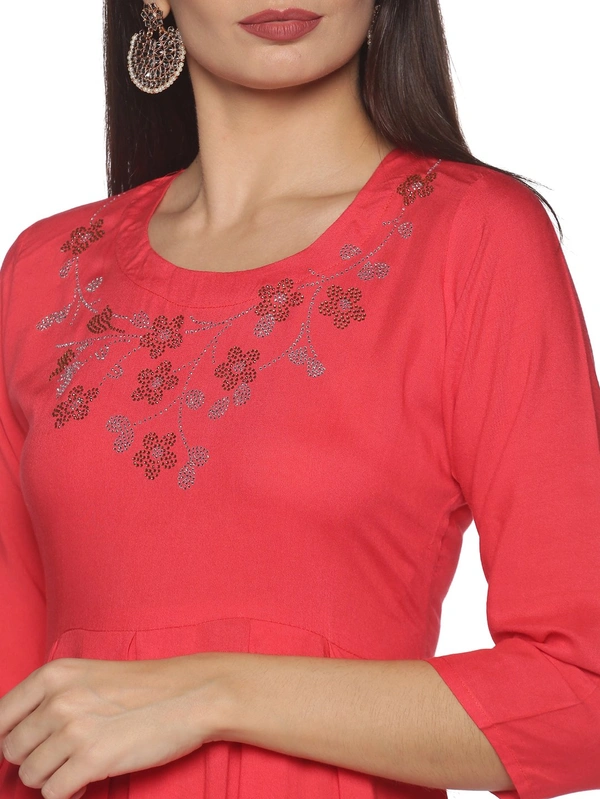 Rayon Neck Flower Design Rhinestone Work Pink Colour Umbrella Cut Kurti - Wild Watermelon, L