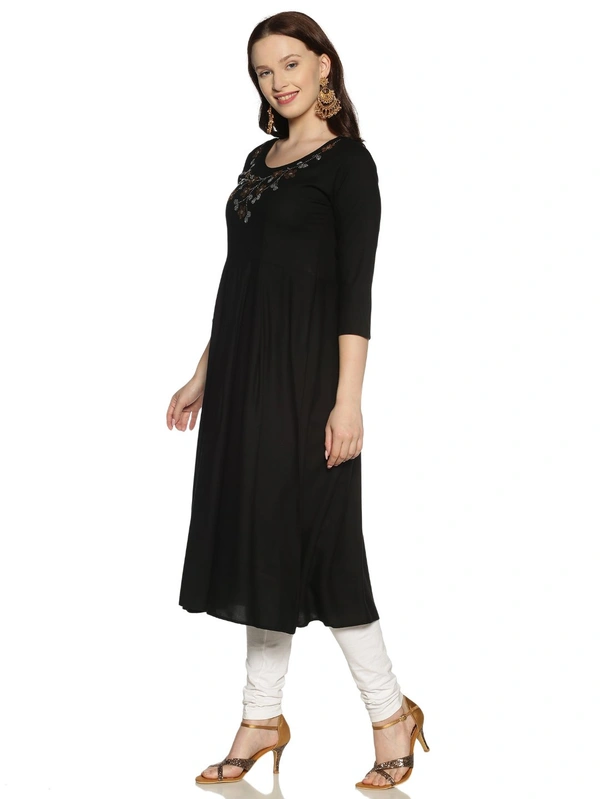Rayon Neck Flower Design Rhinestone Work Black Colour Umbrella Cut Kurti - Black, L