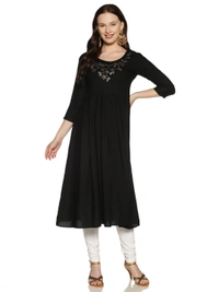 Rayon Neck Flower Design Rhinestone Work Black Colour Umbrella Cut Kurti - Black, XL