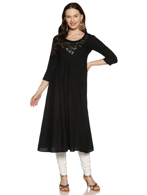 Rayon Neck Flower Design Rhinestone Work Black Colour Umbrella Cut Kurti - Black, XL