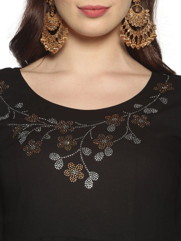 Rayon Neck Flower Design Rhinestone Work Black Colour Umbrella Cut Kurti - Black, XL