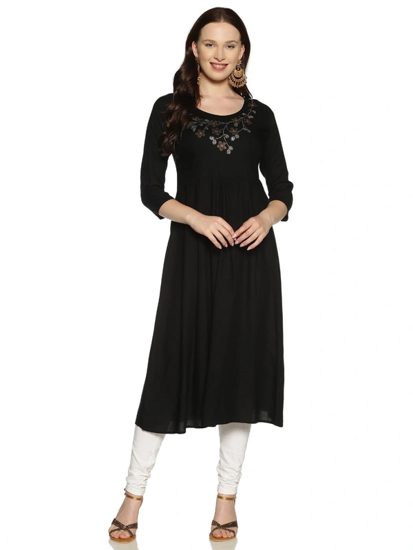 Rayon Neck Flower Design Rhinestone Work Black Colour Umbrella Cut Kurti - Black, XXL